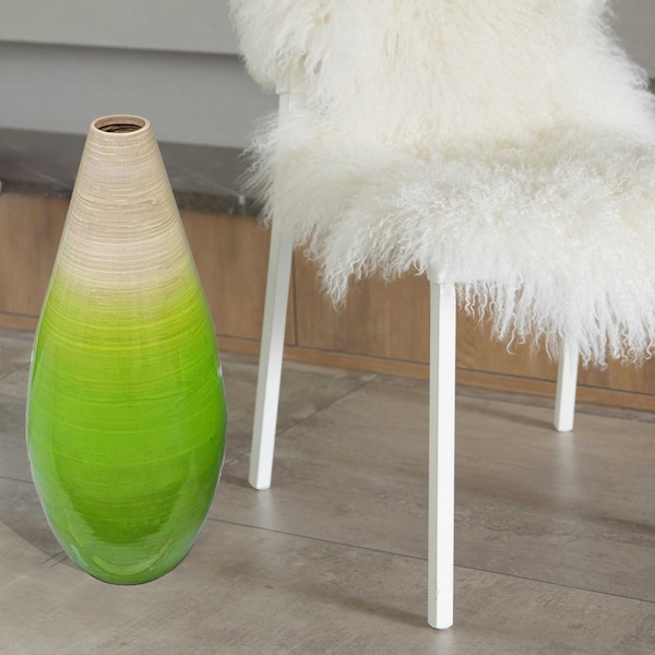 Contemporary Bamboo Floor Flower Vase Tear Drop Design For Dining, Living, Entryway, Large Green